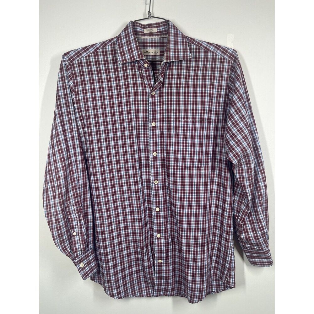 Peter Millar Men's Red And Blue Plaid Long Sleeve Button Up Shirt Size‎ Medium